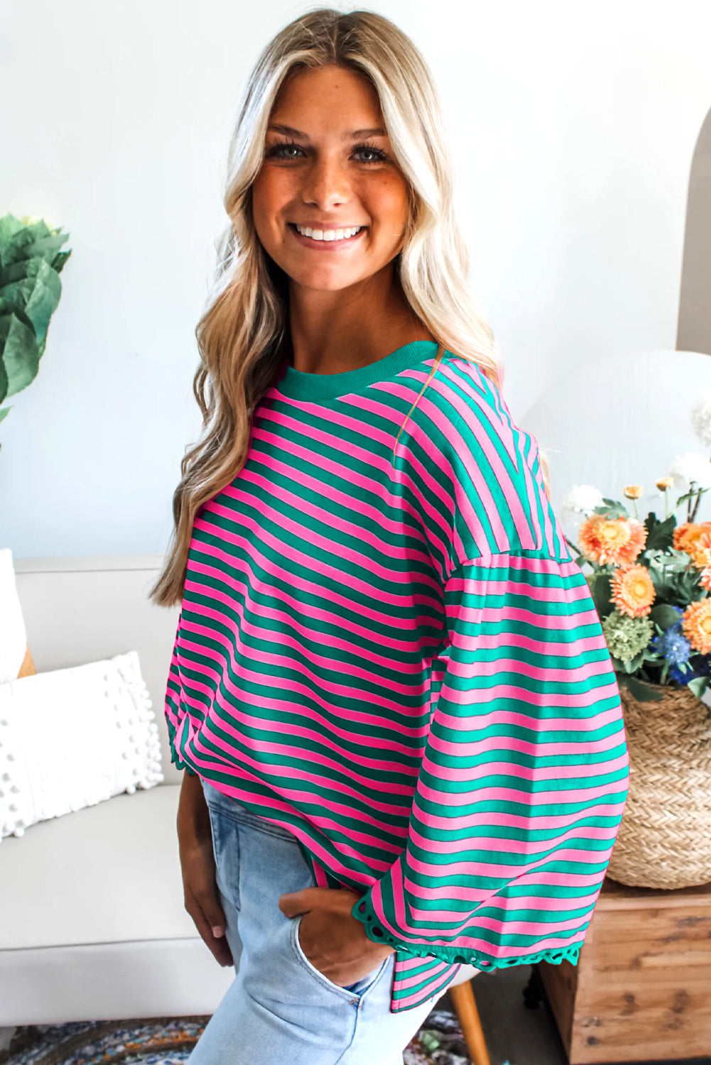 Striped Print Drop Shoulder Lace Trim Bracelet Sleeve Loose Top