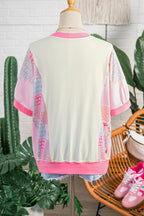 Beige Color Block Floral Patchwork Big Flower Accent Relaxed Top