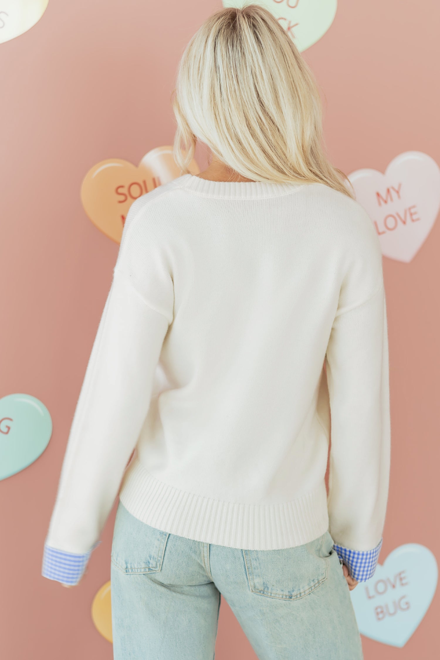 Plaid Heart Embroidered Cuffed Drop Shoulder Crew Neck Sweater