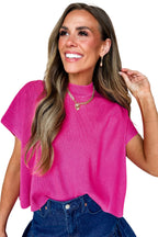 Bright Pink Solid Color Lightweight Ribbed Knit Mock Neck Sweater