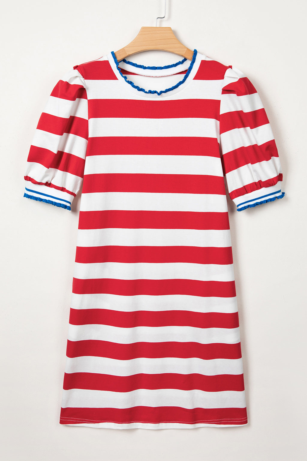 Striped Contrast Trim Round Neck Short Puff Sleeve Shift Mini Dress