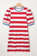 Striped Contrast Trim Round Neck Short Puff Sleeve Shift Mini Dress