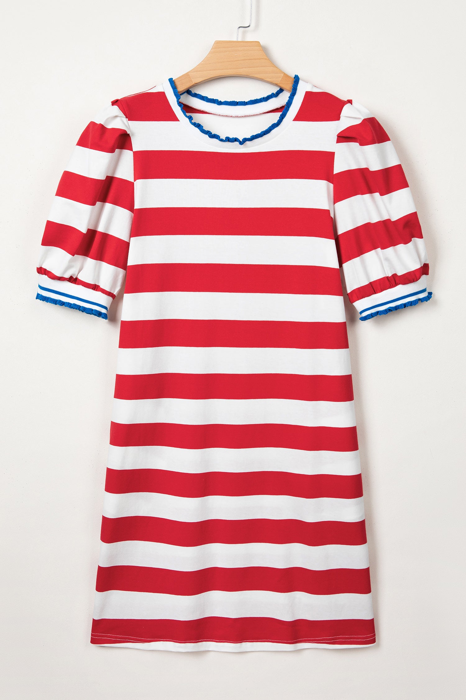 Striped Contrast Trim Round Neck Short Puff Sleeve Shift Mini Dress