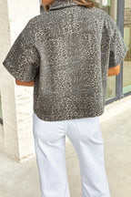 Grey Vintage Leopard Print Short Sleeve Loose Cotton Denim Shirt