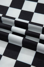 Checkered Print Colour Block Trim Mock Neck Short Set