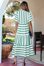 Green Stripe Ricrac Trim Notched Neck Half Sleeve Vacation Dress