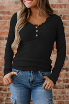 Lace Neckline Button Decor Lettuce Edge Long Sleeve Ribbed Top