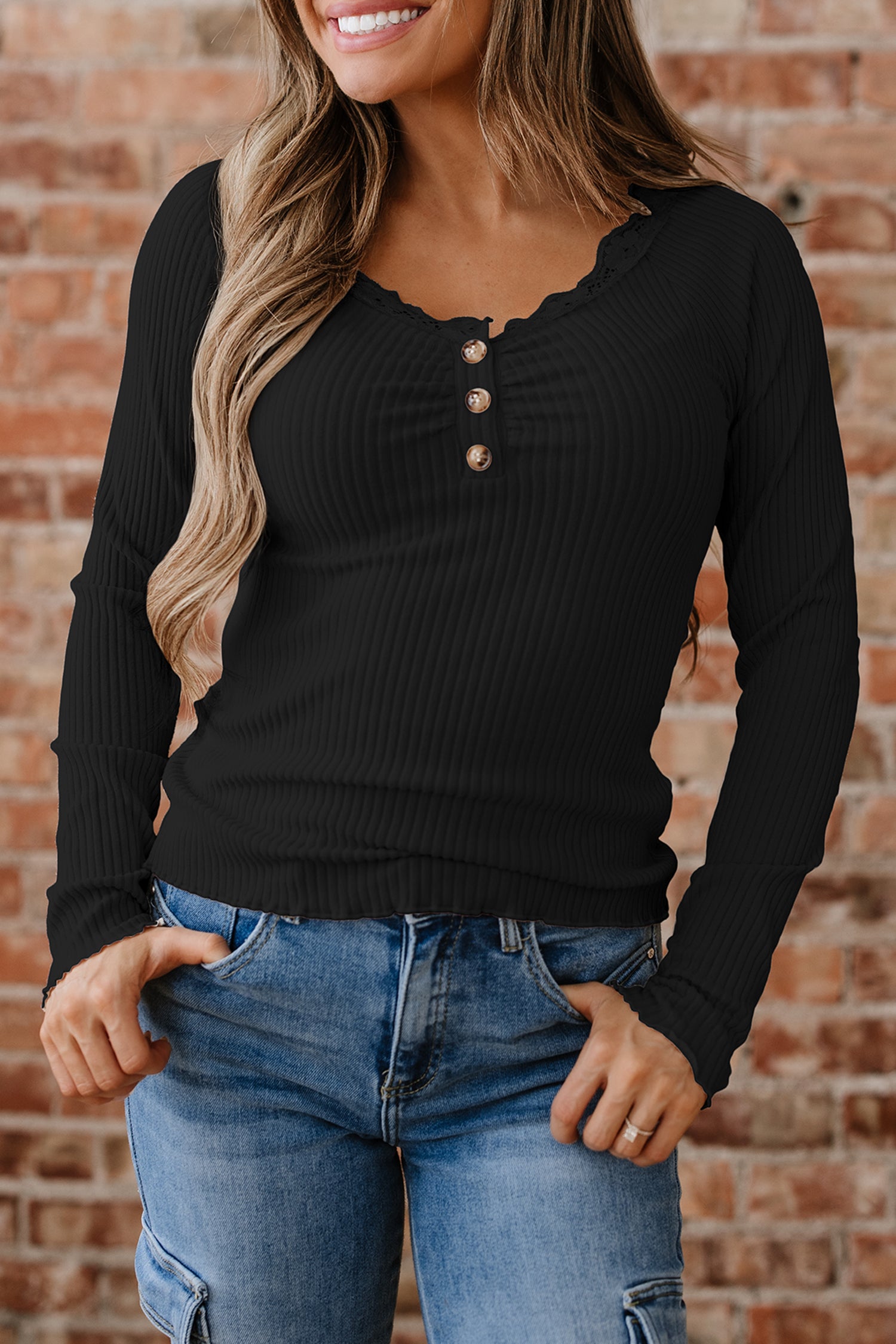Lace Neckline Button Decor Lettuce Edge Long Sleeve Ribbed Top