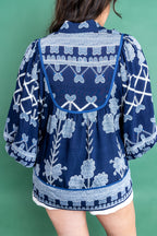 Blue Plus Size Floral Printed Notched Neck Long Sleeve Blouse