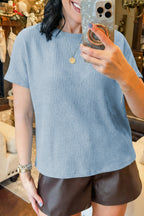 Waffle Textured Knit Dolman Short Sleeve Loose Top