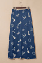 Navy Blue Western Print Satin Long Skirt