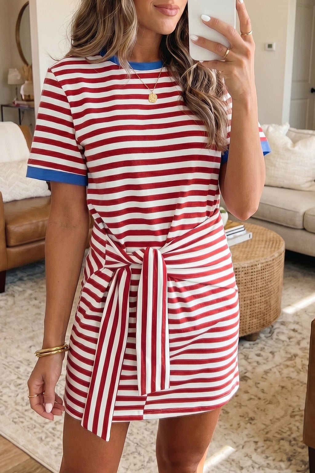 Striped Nautical Tie Contrast Trim Round Neck T Shirt Mini Dress