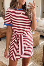 Striped Nautical Tie Contrast Trim Round Neck T Shirt Mini Dress