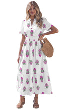 Floral Print Split Neck Shirred High Waist Ruffle Hem Maxi Dress