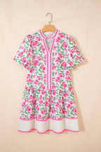 Multicolour Sweet Floral Print Striped Color Block Trim Short Dress