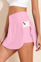 Solid Pocketed Crossover High Waist Swim Skort