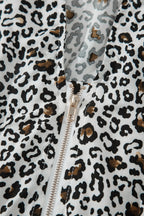 Beige Leopard Zip Front V Neck Cinched Waist Sleeveless Maxi Dress