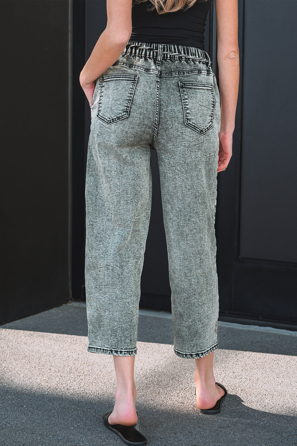 Acid Wash Barrel Fit Denim Pants with Waist String