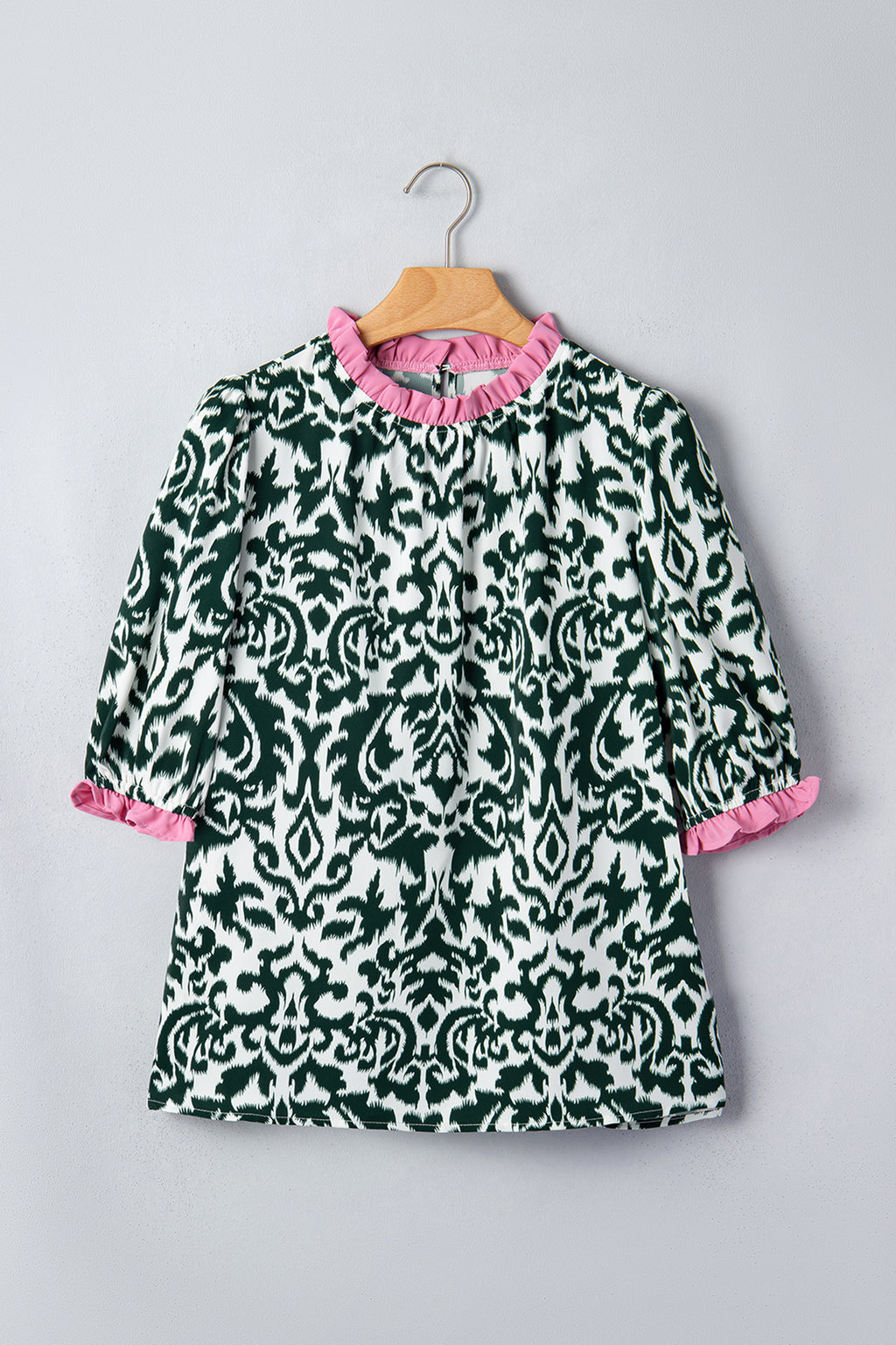 Damask Print Ruffled Colour Block Detail Half Sleeve Blouse