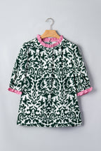 Damask Print Ruffled Colour Block Detail Half Sleeve Blouse