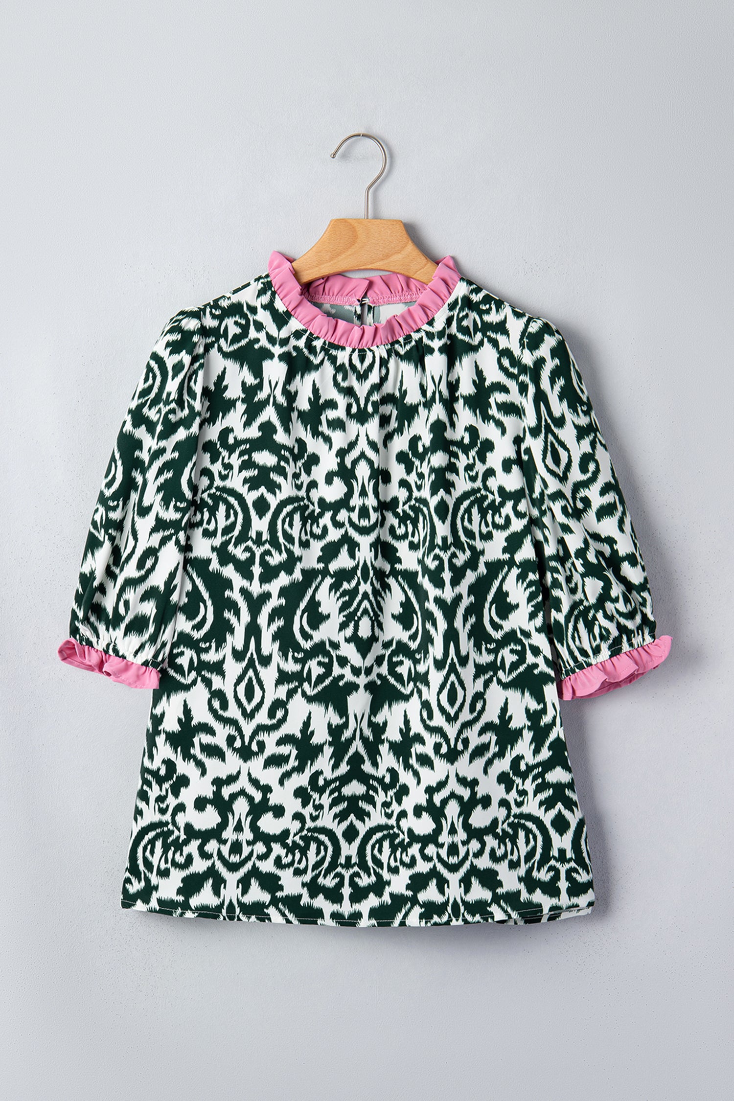 Damask Print Ruffled Colour Block Detail Half Sleeve Blouse