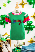 Bright Green Shiny Lucky Striped Flutter Sleeve Round Neck Sweater