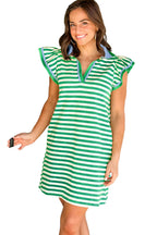 Stripe Print Contrast Collar Split Neck Flutter Sleeve Short Dress