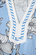 Sky Blue Floral Striped Printed Polo Collar Short Sleeve Blouse