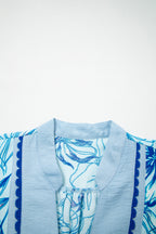 Sky Blue Plus Size Scalloped Trim Floral Short Sleeve Blouse