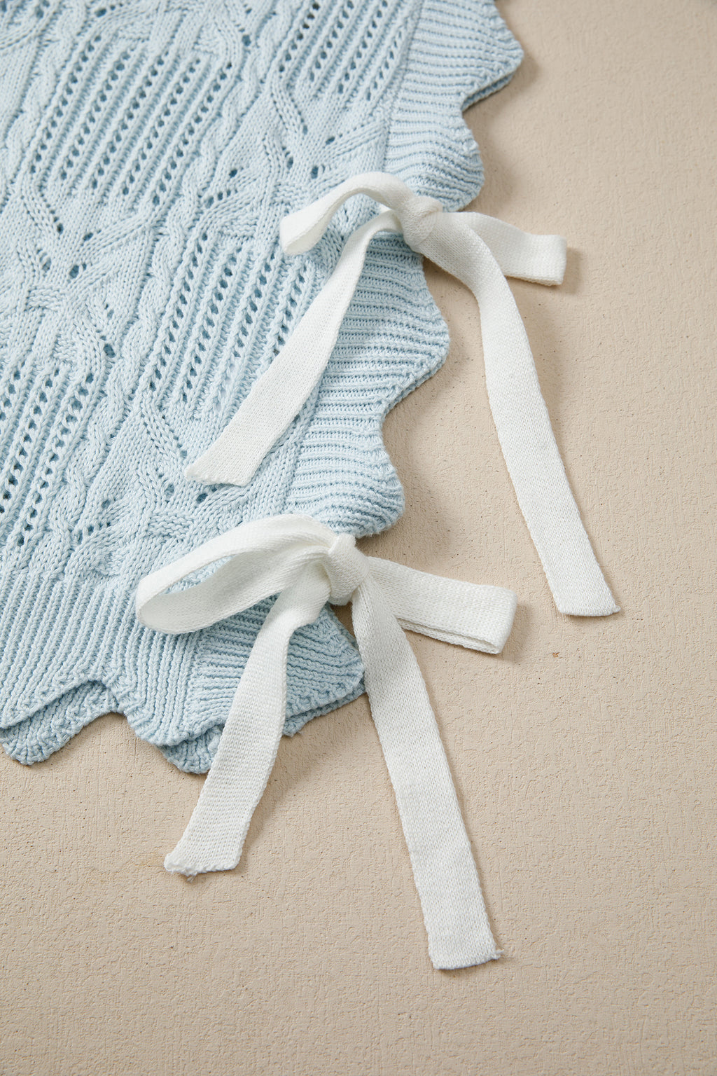 Pointelle Knit Patterned Scalloped Trim Short Sleeve Sweater