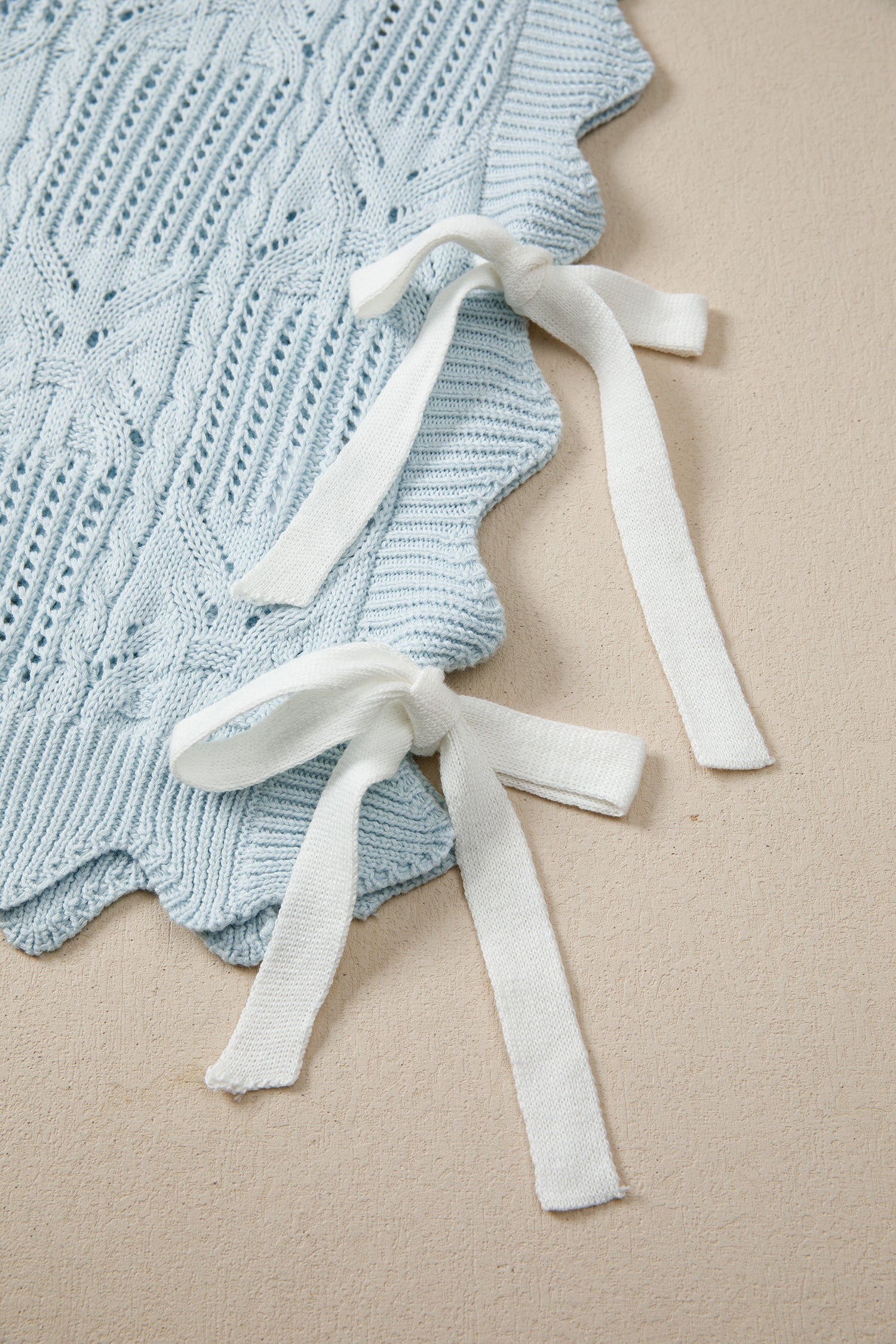 Pointelle Knit Patterned Scalloped Trim Short Sleeve Sweater