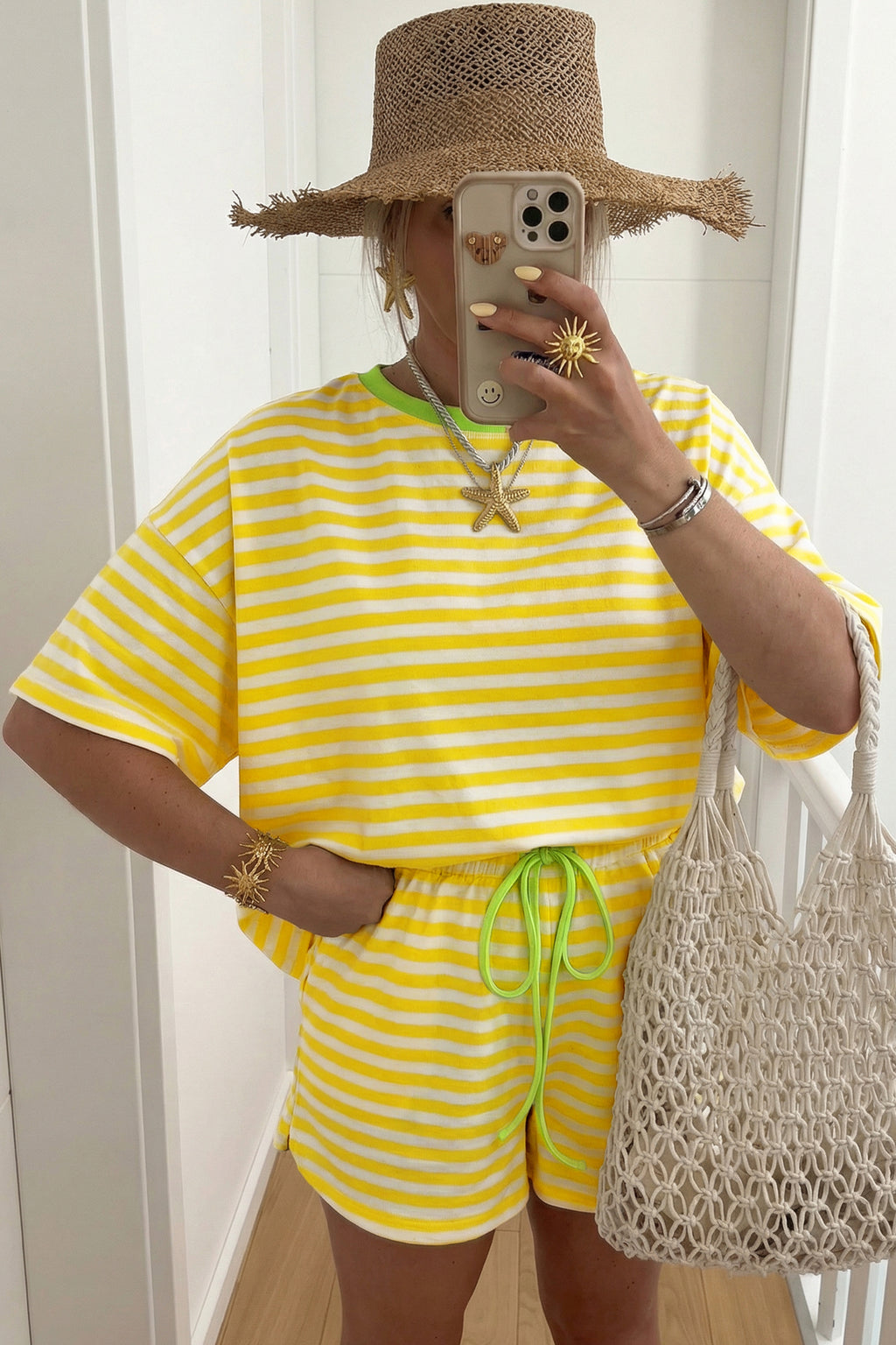 Striped Contrast Neck Loose Tee and Drawstring Shorts Set