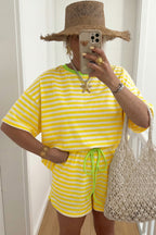 Striped Contrast Neck Loose Tee and Drawstring Shorts Set
