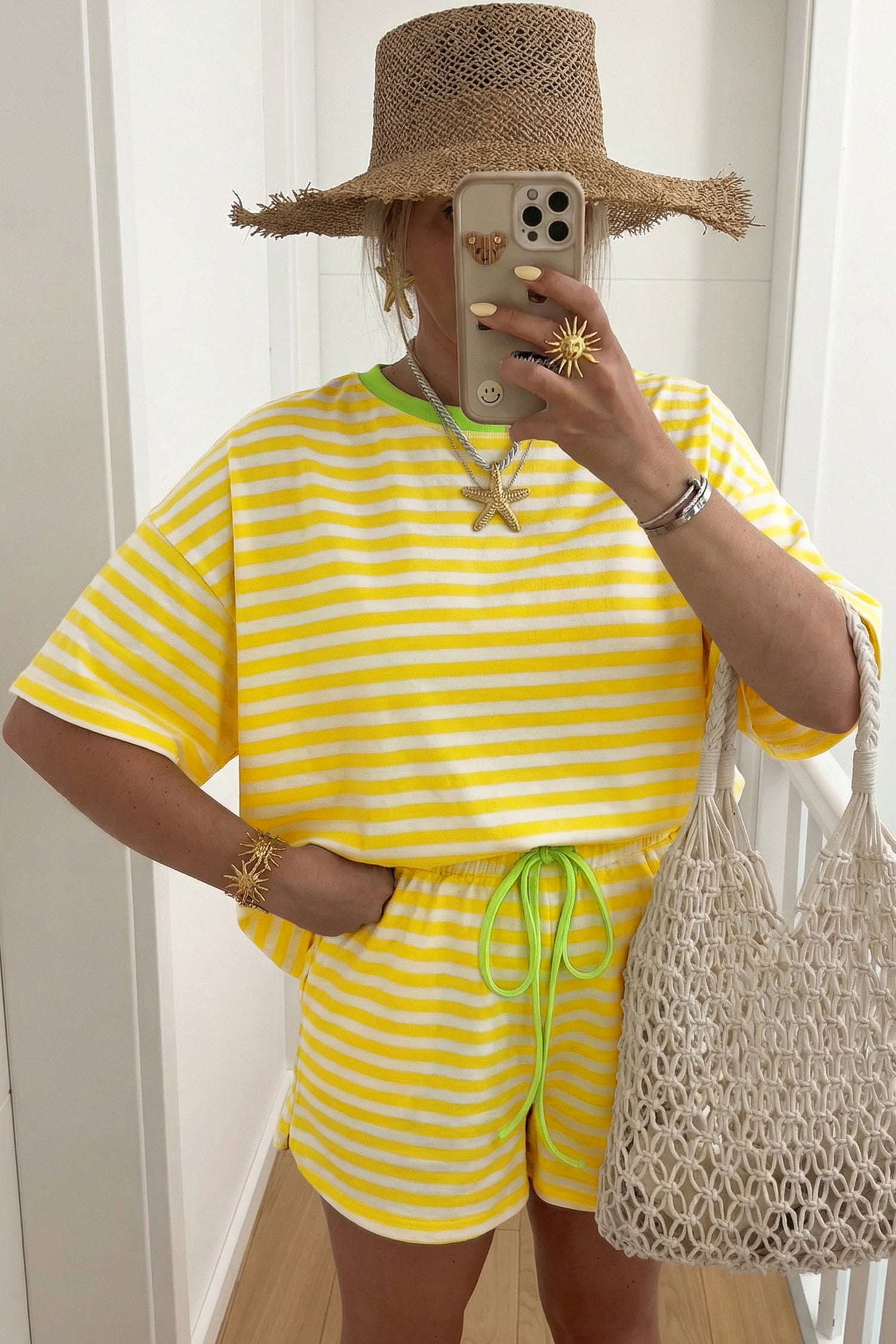 Striped Contrast Neck Loose Tee and Drawstring Shorts Set