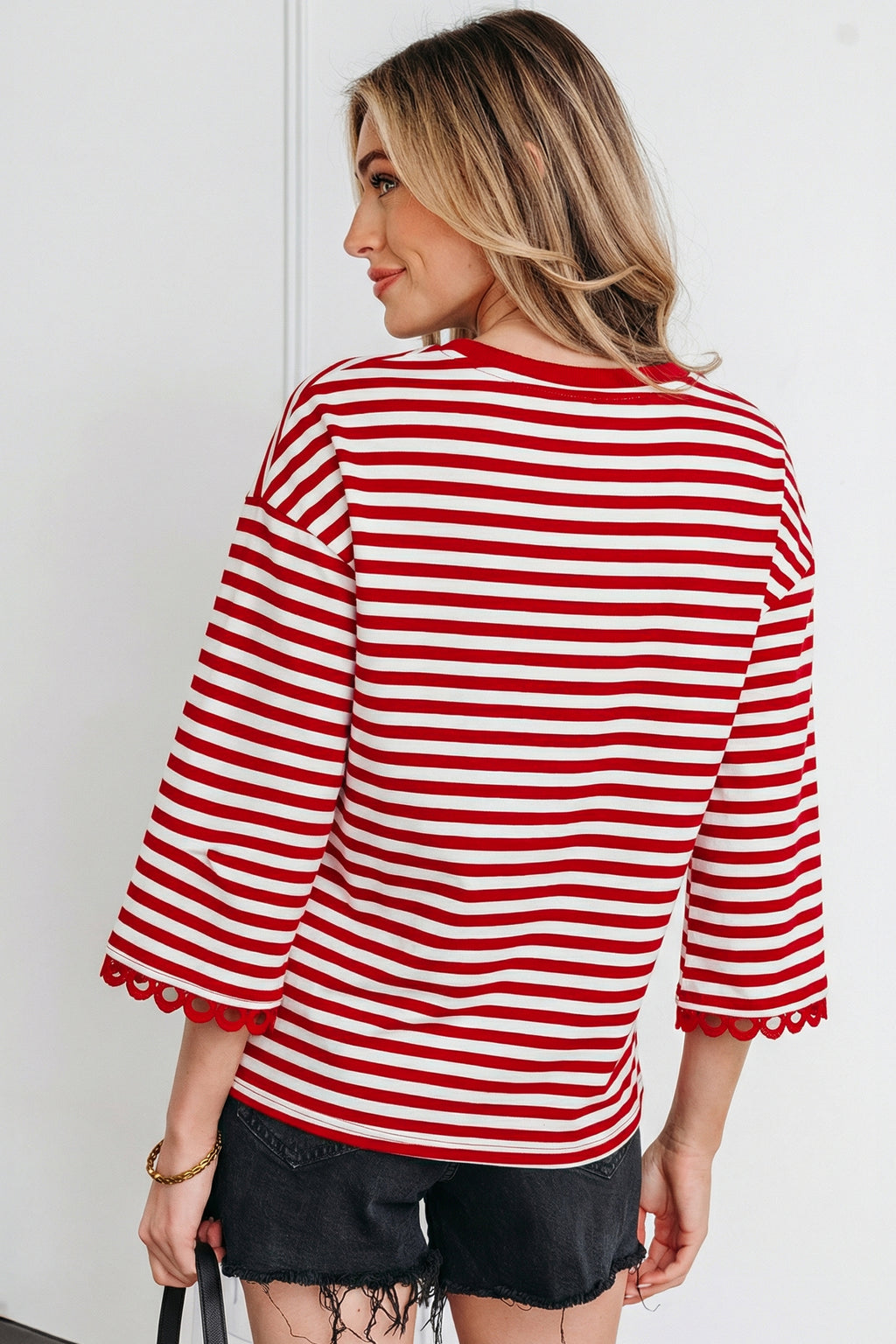 Striped Print Drop Shoulder Lace Trim Bracelet Sleeve Loose Top