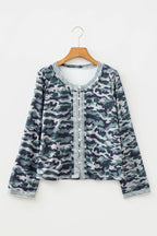 Green Camouflage Print Lace Patchwork Detail Button Long Sleeve Top