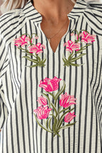 Blue Stripe Floral Embroidered Detail V Neck Short Sleeve Blouse
