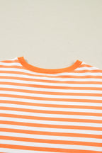 Orange Stripe 3/4 Sleeve Exposed Seam Patchwork Pullover Top