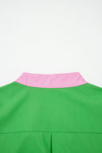 Bright Green Color Block Detail Split Neck Short Puff Sleeve Ruffle Hem Mini Dress