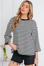 Striped Print Drop Shoulder Lace Trim Bracelet Sleeve Loose Top