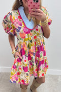 Rose Bright Floral Print Ricrac Trim Striped Patchwork V Neck Dress