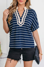 Stripe Stand Collar V Neck Elastic Cuffs Half Sleeve Dolman Top