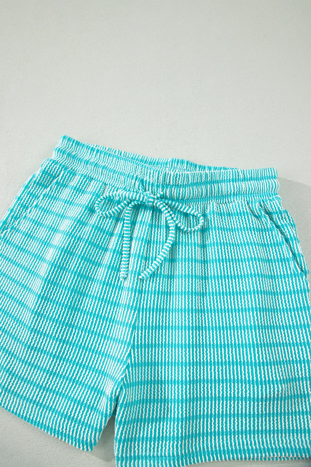 Striped Raised Rib Loose Tee Drawstring Elastic Waist 2pcs Short Set