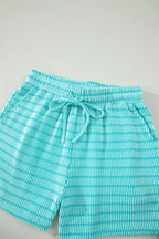 Striped Raised Rib Loose Tee Drawstring Elastic Waist 2pcs Short Set