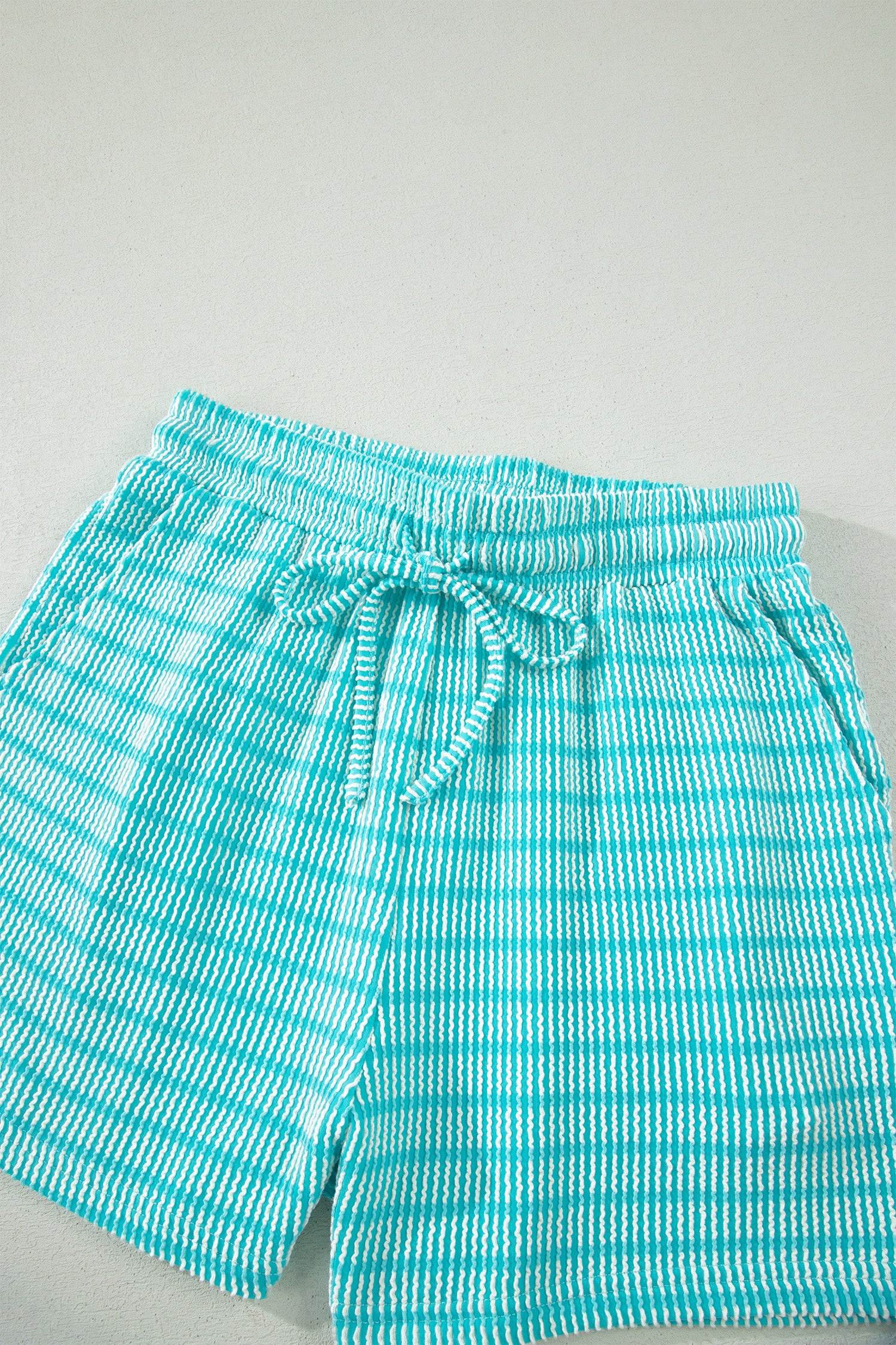 Striped Raised Rib Loose Tee Drawstring Elastic Waist 2pcs Short Set