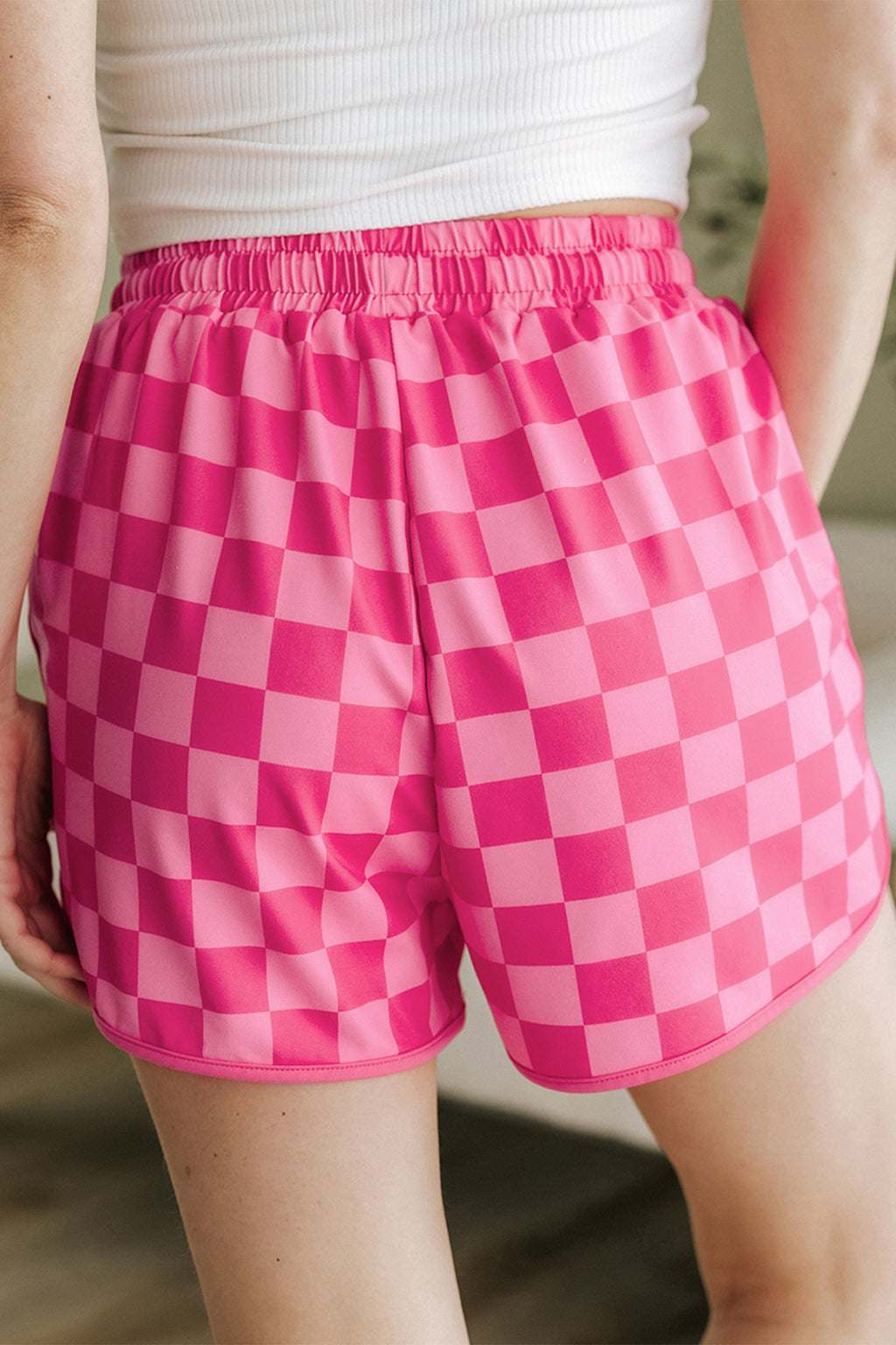 Checkered Drawstring Elastic Waist Casual Shorts