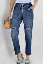 Dark Blue Gather Round Distressed Pocketed Denim Jogger