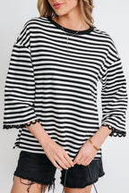 Striped Print Drop Shoulder Lace Trim Bracelet Sleeve Loose Top