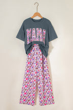 Medium Grey MAMA Letter Graphic Tee Camouflage Print Loose Pant Set