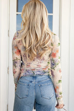 Apricot Floral Mesh Long Sleeve Thumbhole Hem Pullover
